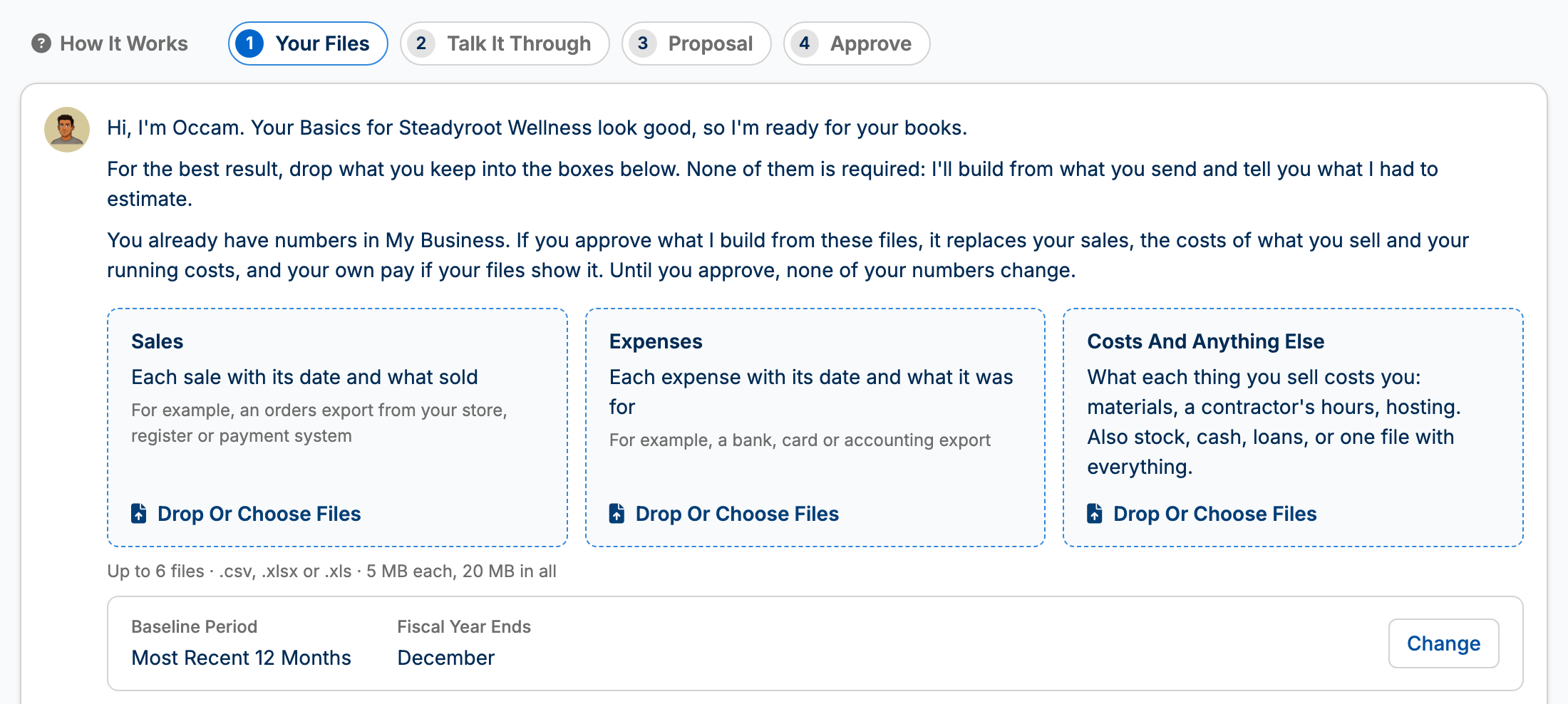 Three upload boxes, Sales, Expenses and Costs And Anything Else, under the steps Your Files, Talk It Through, Proposal and Approve