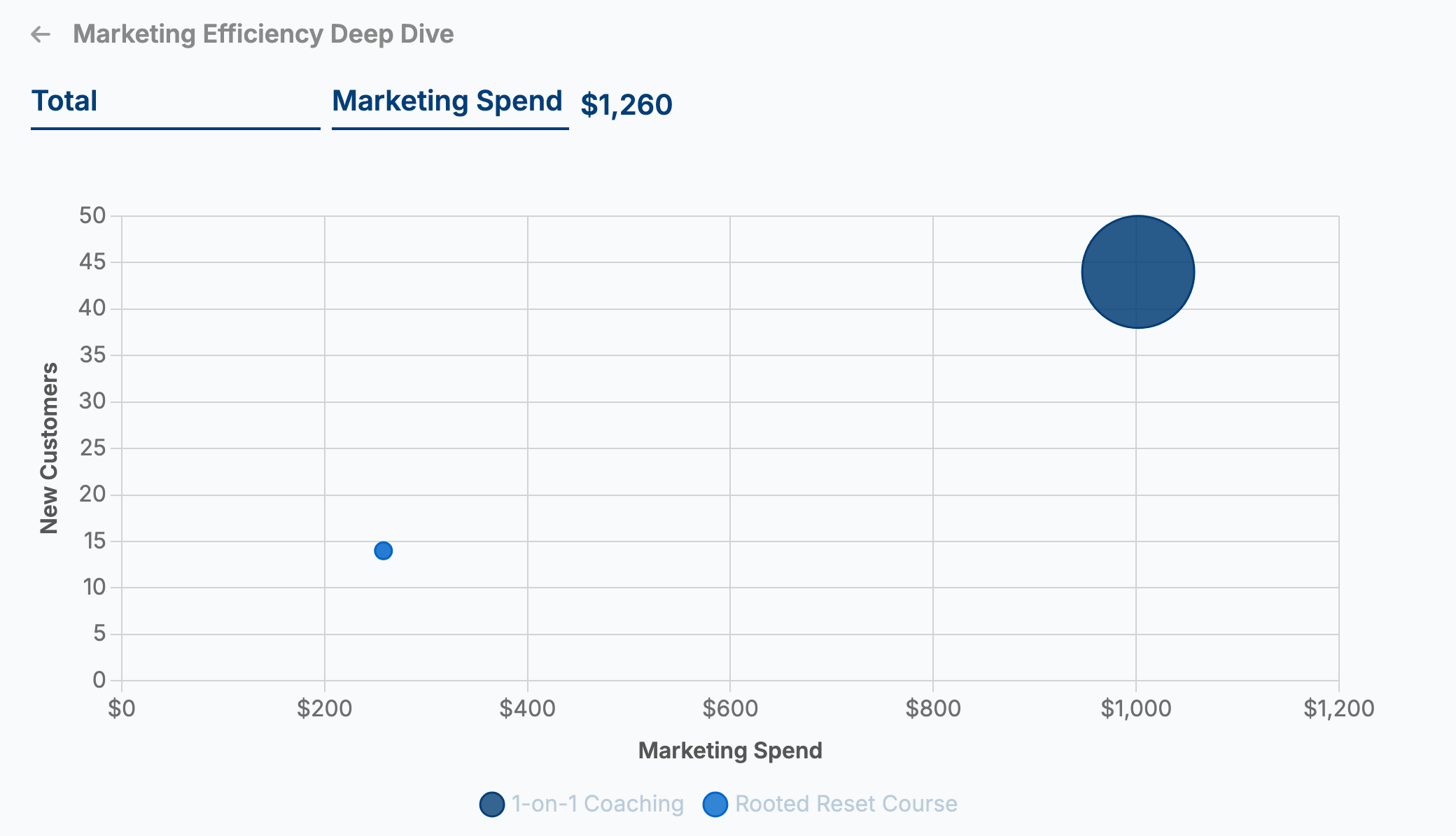 Each sales line plotted by marketing spend against new customers: 1-on-1 coaching wins about 44 customers on $1,000, the course 14 on $260