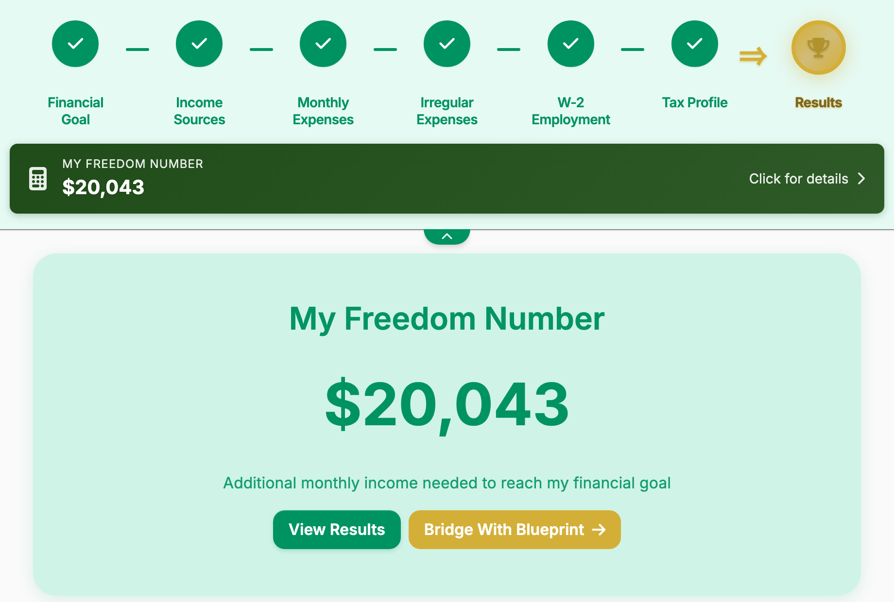 Six completed steps and the result: a Freedom Number of $20,043, the additional monthly income needed to reach the owner's goal