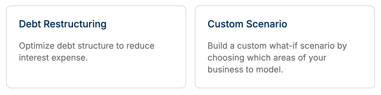 Debt restructuring, and a custom scenario that changes whichever parts of the business you choose